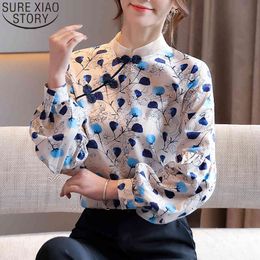 Print Long Sleeve Vintage Blouse Stand Collar Ladies Tops Pullover Women Floral Silk Shirt Blusas 11133 210417