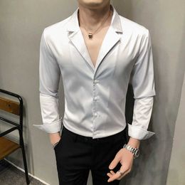 Sexy V-neck Shirts for Men Long Sleeve Slim Fit Casual Shirt Streetwear Social Party Nightclub Blouse Black White Chemise Homme 210527