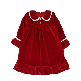 Classic Red Christmas Velvet Nightdress Kids Long Sleeve Thick Pyjamas Infant Girls Frill Night Gown 211109