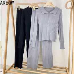 3287 Polo Collar Knitted Cardigan Short Double-headed Zipper Long-sleeved Top Pit Strip High-waisted Wide-leg Pants Suit 210507