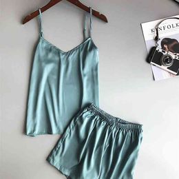 Ice Silk Twinset Korean Solid Color Women Pajamas Camisole Pajama Set Woman Summer Vest Shorts Suit 210831