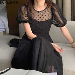 Korejpaa Women Dress Summer French Elegant Round Neck Mesh Polka Dot Stitching Fake Two-Piece Lace-Up Puff Sleeve Vestidos 210526