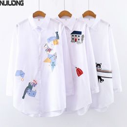 Spring Women Cartoon Embroidery Blouse Shirt Long Sleeve White Lady Office Tops Plus Size Cotton 210514