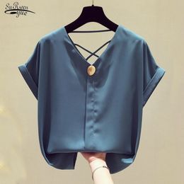 Summer Korean Solid V-neck Chiffon Blouse Women Blusas Mujer De Moda Short Sleeve Shirts for OL Clothes Blusa 9306 50 210508