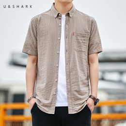 U&SHARK Short Sleeve Khaki Striped Shirt Men Blouse Vintage Clothing Summer 100% Cotton Soft Breathable Casual Shirt Male 210603