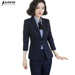 Fashion Women Stripes Pants Suit OL Temperament Business Interview Slim Blazer and Trousers Office Ladies Formal Work Wear 210604