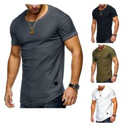 summer solid color design striped ruffled sleeve mens T-shirt Slim round neck T-shirt casual T-shirt solid color Clothes