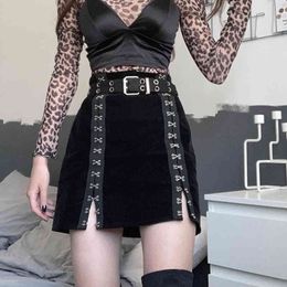 Gothic Metal Buckle Black Velvet High-Waisted Mini Skirt Women Kawaii Streetwear Harajuku Female Split Short Y2k Skirts 210415