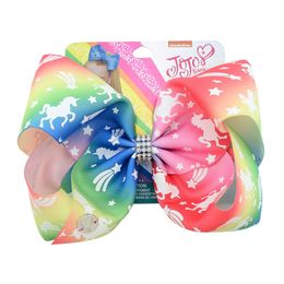 8 inch Jojo Bowknot Hairpin Kids Rainbow Unicorn Barrette With Diamond Cartoon Hair Bows Barrette Baby Hair Clips NEW