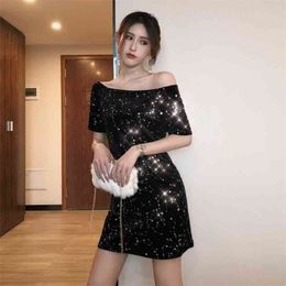 Summer Women's Black Slash Neck Dress Sexy Net Red Anchor Off Shoulder Sparkling Print Package Hip Women GD298 210506