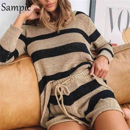 Sampic Casual Tracksuit Women Knitted Striped Shorts Set Loose Long Sleeve Tops And High Waisted Mini Shorts Two Piece Set Women X0428