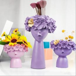 Resin Vase Home Decor Flower Pot Decoration Girl Sculpture Storage Box Pen Holder Accessories Art Ornaments 211215