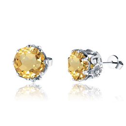 Szjinao 3ct 9mm Citrine Gemstone Earring Studs Women Solid 925 Sterling Silver Earrings Flower Korean Fashion Jewellery 2021