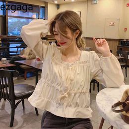 Ezgaga Undefined Women Shirts French Style Square Collar Chic Long Sleeve Solid Lace Up Loose Sweet Blouse Elegant Casual Blusas 210430