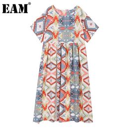 [EAM] Women Apricot Pattern Printed Long Dress Round Neck Short Sleeve Loose Fit Fashion Spring Summer 1DD8687 210512