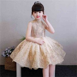 Elegant Golden Tulle Flower Girl Party Kids Pageant Gown Princess Wedding Dress Sleeveless First Communion Dresses 1-14T 210317