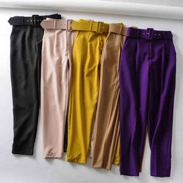 Women elegant black pants sashes pockets zipper fly solid ladies streetwear casual chic trousers pantalones 9 colors 210430