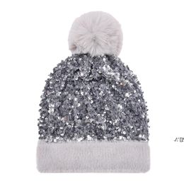 Winter Plus Velvet Sequins Knitted Hats For Women Beanie Hat Unisex Elastic Warm Hip Hop Cap Soft Baggy Bonnet LLA10693