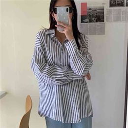 OL Elegant Vintage Lapel Basic Striped Shirt Women Formal Work Blouses Single Breasted Long Sleeve Tops Blusas 210421