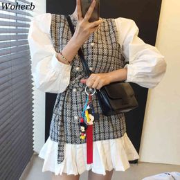 Korean Chic Autumn Plaid Knitted Dress Women Puff Sleeve Patchwork Vintage Long Dresses Office Elegant Robe 210422