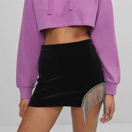 Sexy Women Black Velvet Skirts Fashion Ladies A-Line High Waist Streetwear Female Chic String Beads Tassels Skirt 210427