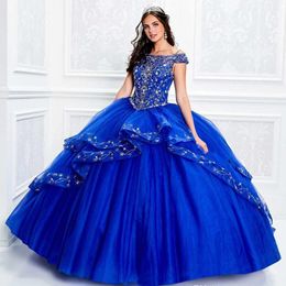 Vintage Royal Blue Quinceanera Dresses Off Shoulder Appliqued Lace Prom Party Gown Tier Formal Sweet 16 Dress Custom225i