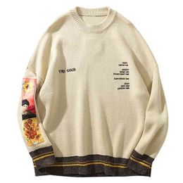 LACIBLE Hip Hop Sweater Pullover Men Van Gogh Painting Embroidery Knitted Sweater Harajuku Streetwear Tops Casual Pullover 210909
