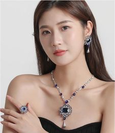 Europe America Fashion Style Jewelry Sets Lady Womens 3A Zircon Synthetic Sapphire Brass Gold-plated Necklace Earrings Ring size 6-8