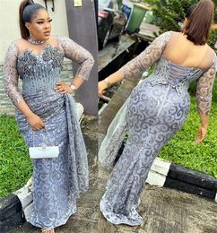 Plus Size Arabic Aso Ebi Sier Mermaid Sparkly Prom Dresses Sheer Neck Crystals Evening Formal Party Second Reception Gowns Dress Zj114 0424