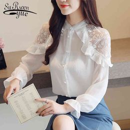 Solid Stand Collar Chiffon Blouse Women Spring Long Sleeve Shirt Korean Office Lady Lace Tops White Loose 7959 50 210521