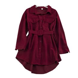 Women's Corduroy Shirt Autumn Winter Turn-down Collar Long Sleeve Double Pocket Sashes Waist Wild Loose Jacket ML421 210506