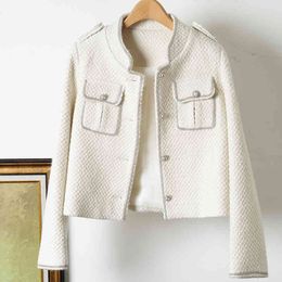 Autumn Winter White Black Wool Classic Jacket Women Hand-made Beads Tweed Woollen Coat Ladies Long Sleeve Stand Pocket Overcoat 210416