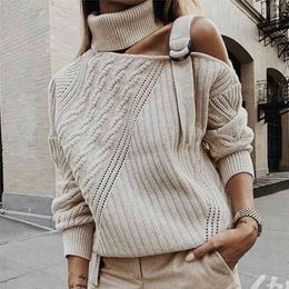 knitted hollow out sweater pullovers female one shoulder belt turtleneck oversized streetwear casual vintage top 210427