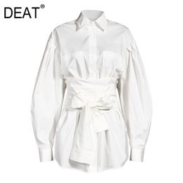 spring fashion women clothes turn-down collar full sleeves waist belt sashes shirt female two pieces SH750 210421