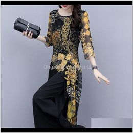 Two Piece Sets Clothing Apparel Drop Delivery 2021 Womens Summer Twopiece Simple Commuter Chiffon Print Laceup Fivepoint Sleeve Top Wide Leg