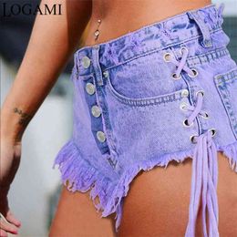 LOGAMI Highwaisted Mini Jeans Shorts Women Both Side Tie Short Sexy Denim 210719