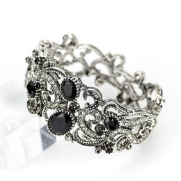 Sunspicems Retro Black Crystal Vintage Bangle for Women Turkish Cuff Bracelet Ethnic Banquet Jewellery Antique Gold Silver Colour Q0719