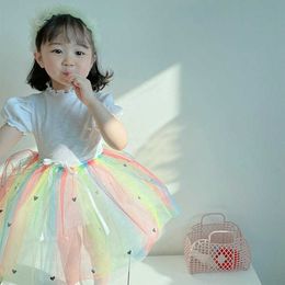 7695 Baby Girl Dress Korean Summer 2021 Children's Rainbow Dress Fashion Patchwork Sweet Girl Party Dress Mesh Girl Clothes Q0716