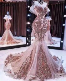 2022 Nowa Róża Złota Syrenka Suknie Wieczorowe Długie Sparkly Cekiny Aplikacje Zroszony Fishtail Prom Gown Robe de Soiree EE