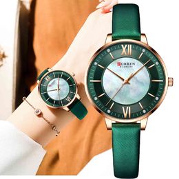 Curren Ladies Watches Green Quartz Wrist Women Luxury Branded Clock Elegant Charming Leather Wristwatches 2021 Q0524