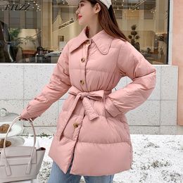 Winter Women 90% White Duck Down Coat Casual Loose Single Breasted Sash Tie Up Outwear Turn-down Collar Jacket 210423