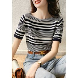 Women Sweater High Elastic Stripe Summer Fashion Sweater Women Slim O Neck Sexy Knitted Pullovers Office Tops 210604