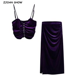 Sexy Centre Buttons Ruched Bra Tank Top Velvet Crop Women Side Split Maxi Long Skirt Velour Camis s 2 Pieces Set 210429