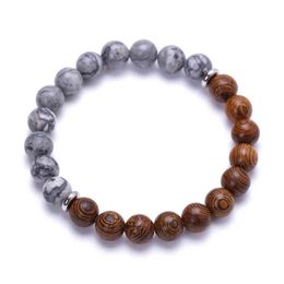 Hotselling Wholale Natural Map Stone Distance Friendship Bracelet Elastic 8mm Wooden Beads Metion Yoga Bracelet