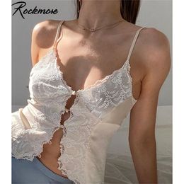 Rockmore Lace Hollow Out Sexy Tops Women Low Cut Camis Button Up Y2K Aesthetic Crop Tank Top Casual Night Club Spaghetti Straps 210407