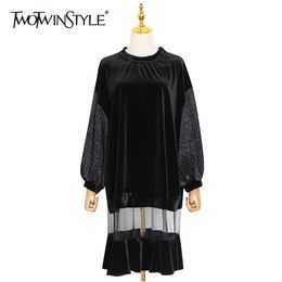 TWOTWINSTYLE Elegant Patchwork Mesh Dress For Women O Neck Long Sleeve Casual Loose Midi Dresses Female Fashion Clothing 210517