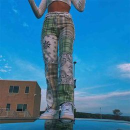 Streetwear Checker Patched Ripped Y2K Straight Jeans For Girls Fashion High Waist Female Vintage Plaid Denim Pants Women 210510