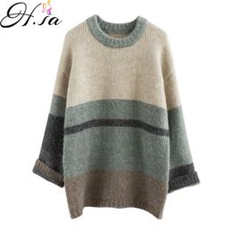 H.SA Womens Pullover and Sweaters Oneck Patchwork Korean Fashion Tops Girl Loose Sweater Outfits Knit Jumpers 210417