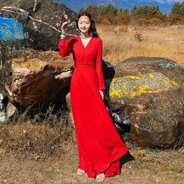 YOSIMI Long Women Dress Red Chiffon Summer Maxi Vintage V-Neck Ankle-Length Sleeve Female Vestidos Party Ladies 210604