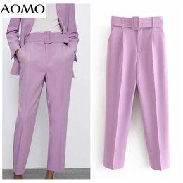 AOMO 2020 female work purple suit pants high waist sashes pockets office ladies fashion 6A22A Q0801